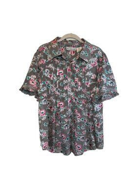 Denim 24/7 Floral Button Up Short Sleeve Shirt in Gray/Pink/Green - Size 18W